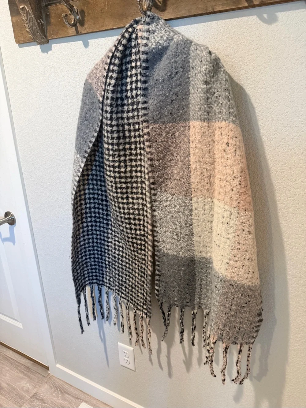 Steve Madden Plaid Fringe Wrap in Pink, Gray & Cream